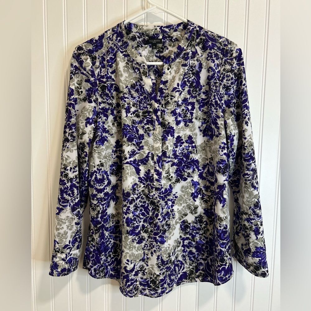 Talbots Women's Floral Blouse -Long sleeve Purple and Gray Size Mp